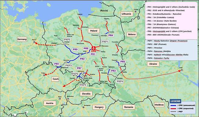 폴란드의 고속철도 노선 계획도. 자료 도화엔지니어링