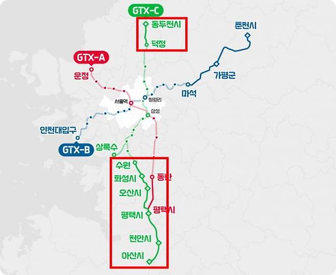 GTX-C 연장노선(붉은선 내). 국토부는 연장구간 거리를 덕정~동두천 9.6km, 수원~아산 59.9km로 밝혔다. 이는 수원~천안역 55.6km에 천안역~아산역(KTX천안아산역) 4.3km만 합산한 것이다. 국토교통부