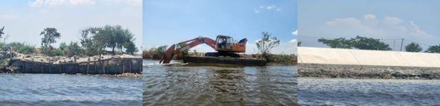 상습침수지대인 필리핀 루손섬의 팜팡가에서 EDCF 지원으로 HJ중공업이 시공한 통합재난위험감축 및 기후변화적응 사업. 1차 사업이 완료됐는데, 제방 축조가 되지 않은 곳(왼쪽 사진)과 축조된 곳(오른쪽)의 차이가 확연하다. 기자가 방문한 지난달 22일 HJ중공업은 양식업자의 요청으로 강의 흙을 퍼다가 흙으로 이뤄진 양식장 제방 쪽에 토사를 쌓아주고 있었다(가운데). 팜팡가=이대혁 기자