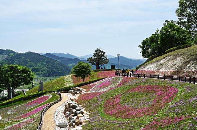 꽃잔디밭으로 조성한 생초국제조각공원.