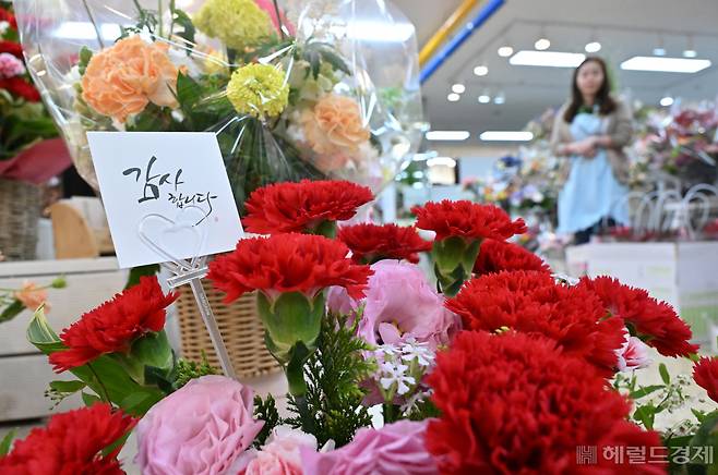 어버이날을 하루 앞둔 7일 오전 서울 서초구 양재동화훼공판장 내 화환상가에 카네이션 꽃다발이 진열되어 있다. 한국농수산물유통공사(aT) 화훼공판장에 따르면 국산 카네이션 거래량은 수요 감소로 인해 전년 동월 대비 37% 감소했으나, 가격은 13.1% 상승한 것으로 나타났다. 임세준 기자