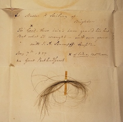 1827년 쓰여진 편지에 부착된 베토벤의 머리카락 모습. 케빈 브라운.