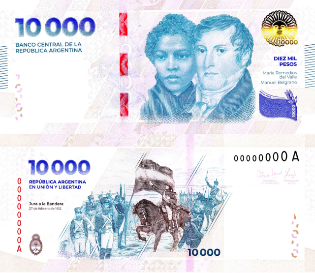 아르헨티나 중앙은행이 공개한 새로운 10,000페소 지폐. AFP연합뉴스