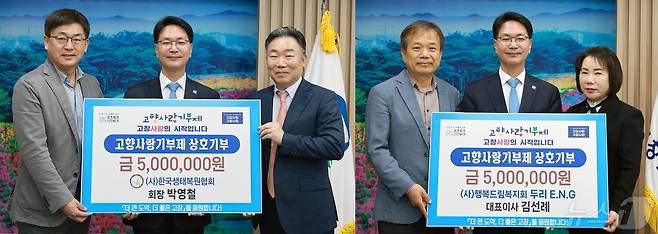 한국생태복원협회(왼쪽)와 행복드림복지회 두리ENG 고향사랑기부금 기탁(고창군 제공)2024.5.9/뉴스1