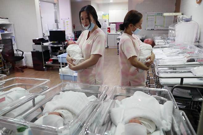 대전 서구 W여성병원 신생아실에서 간호사들이 아기들을 돌보고 있다. /뉴스1