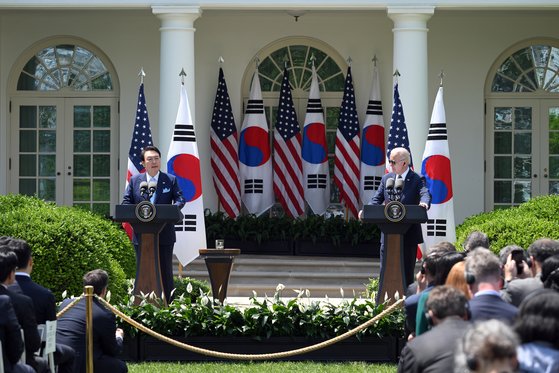 지난해 4월 한국과 미국 양국 정상이 ‘워싱턴 선언’을 통해 향후 70년의 비전을 제시했던 공동기자회견. 대통령실
