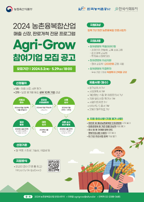 농촌융복합산업 액셀러레이팅 'Agri-Grow' 참여기업 모집 포스터./사진제공=한국사회투자