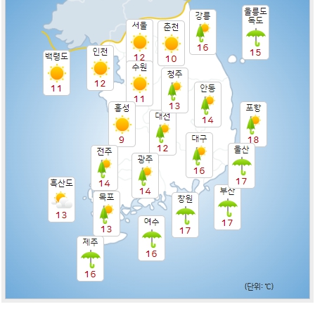 ⓒ기상청: 내일(12일) 오전 전국날씨