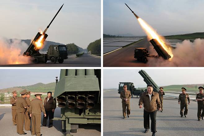 김정은 북한 국무위원장이 10일 신형 240㎜ 방사포의 시험 사격을 참관하고 있다. /조선중앙통신·뉴스1