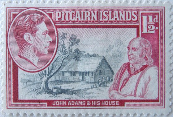 존 애덤스와 그의 집이 그려진 피트케언 우표. 19세기 유럽인에게 선상반란은 끔찍한 범죄였지만, 기독교문명 전파는 그 범죄를 덮을 만한 공로였다.