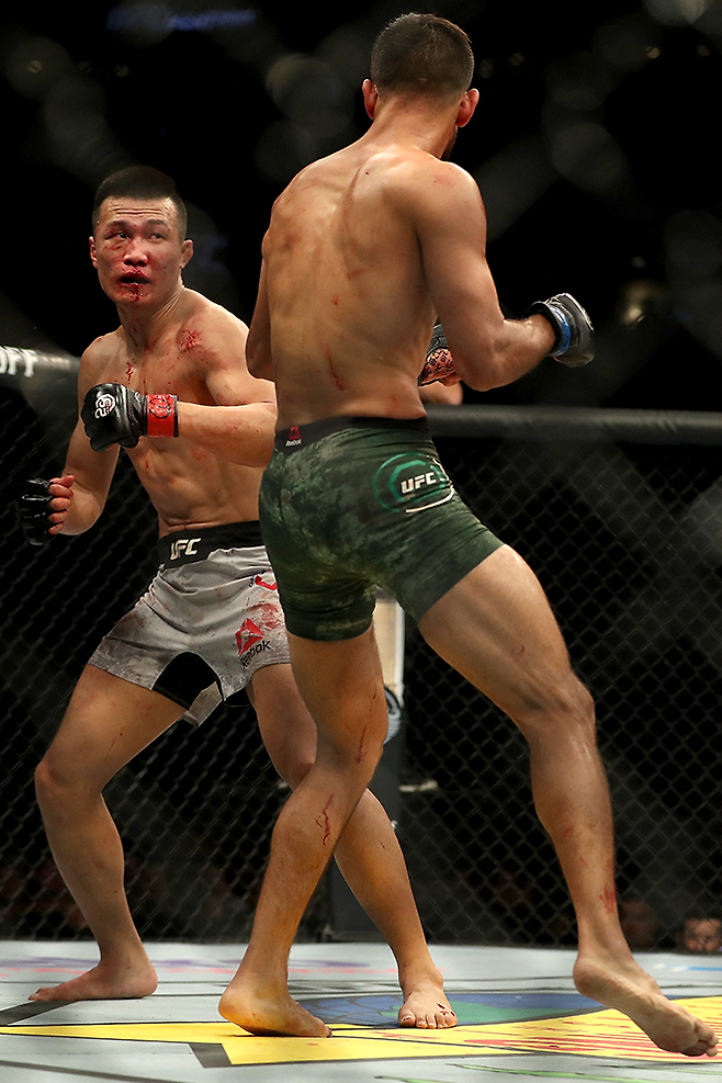 태권도 2단 정찬성(왼쪽)이 UFC 파이트 나이트 139 메인이벤트에서 야이르 로드리게스를 노려보고 있다. 사진=Getty Images=연합뉴스 제공