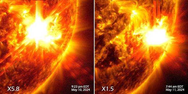 나사 태양활동관측위성이 10일과 11일에 포착한 X5.8(왼쪽), X1.5 등급 폭발. 숫자가 높을수록 강력한 폭발이다. 나사 제공