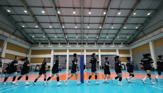 대한민국 여자배구 국가대표팀 선수들이 1일 오후 서울 서대문구 중앙여자고등학교 체육관에서 공개 훈련을 하고 있다. 뉴시스
