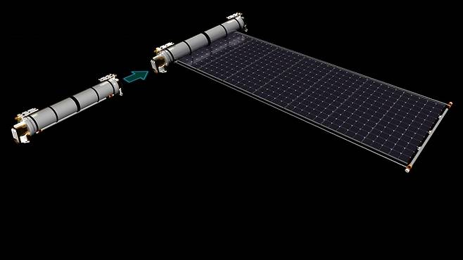 한화시스템의 우주용 탠덤 유연 태양전지 판넬이 펼쳐지는 전개 모듈 형상. 한화시스템 제공