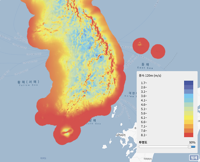  우리나라 대부분의 연근해 120미터 상공 풍속이 해상풍력발전기 설치 기준인 초속 7미터가 넘는 것으로 나타나고 있다. 출처 : 한국에너지기술연구원의 자원지도 분석 시스템.