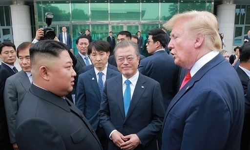 2019년 6월 판문점에서 ‘깜짝’ 만남을 가진 김정은 북한 국무위원장, 문재인 대통령, 당시 도널드 트럼프 미국 대통령(사진 왼쪽부터). 연합뉴스