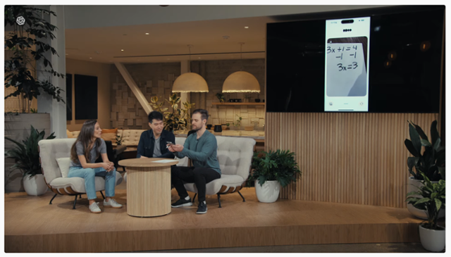 13일 오픈AI의 온라인 신제품 공개 행사에서 새 인공지능 모델 GPT-4o가 사람이 문제 푸는 모습을 실시간으로 지켜보며 선생님처럼 풀이 과정을 알려주고 있다. 오픈AI 영상 캡처