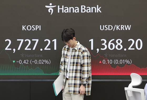 A screen in Hana Bank's trading room in central Seoul shows stock market prices as it closed on Monday. [YONHAP]