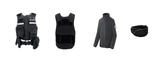 Images of the new stab-proof body armor. From left: a multi-purpose vest, a concealable stab-proof vest, a cut-proof jacket and a stab-proof neck guard. [NATIONAL POLICE AGENCY]