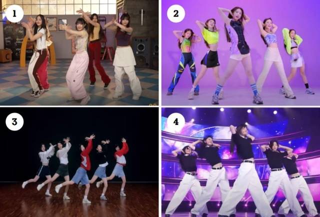 유튜브에 확산한 뉴진스(1, 2번)와 아일릿(3, 4번)의 안무 비교 장면. 유튜브 캡처