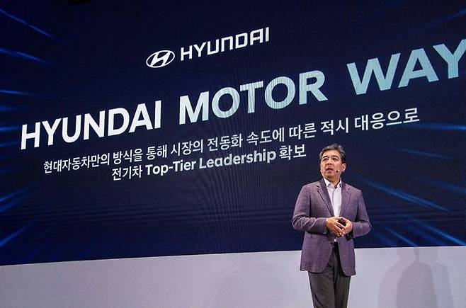 [서울=뉴시스] 장재훈 현대자동차 CEO 사장이 20일 서울 여의도 콘래드호텔에서 열린 2023 CEO 인베스터 데이(CEO Investor Day)에서 발표하고 있다. 현대차는 중장기 전동화 전략 ‘현대 모터 웨이(Hyundai Motor Way)’를 마련하고 적극 실행해 2030년 전기자동차(EV) 200만대 판매를 추진한다. (사진=현대자동차 제공) 2023.06.20. photo@newsis.com *재판매 및 DB 금지