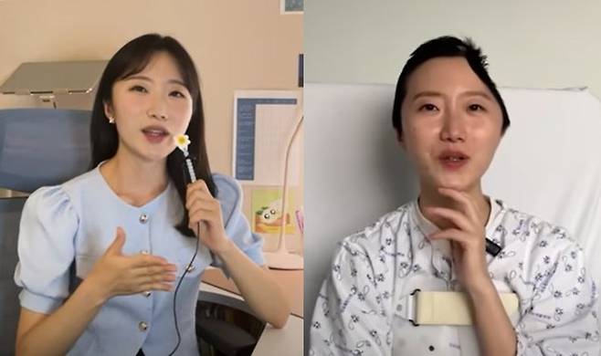 승무원 경험 등을 살려 면접 노하우를 설명하던 우은빈씨(왼쪽)와 그가 사고로 뇌수술을 한 뒤 자신의 상태에 대해 설명하고 있는 모습. 유튜브 채널 ‘우자까’ 캡처
