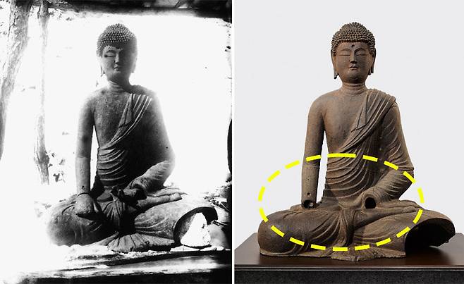 경기 포천 흥룡사 출토 불상이 1930년 경복궁 근정전에 전시됐을 당시(왼쪽 사진)에는 손이 보인다. 그러나 최근 촬영된 같은 불상의 사진에서는 손이 보이지 않는다. 국립중앙박물관 제공