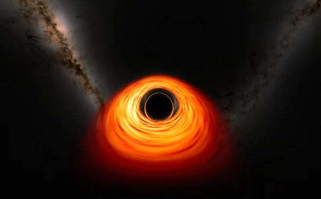 미 항공우주국(NASA)이 블랙홀에 가까이 다가가는 경우 볼 수 있는 모습을 시뮬레이션으로 구현했다. 사진=미 항공우주국(NASA) 고다드 우주비행센터 유튜브 캡처