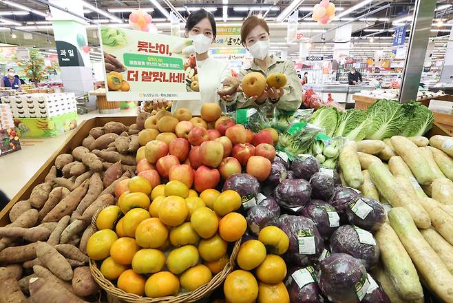 2022년 10월 서울 서초구 농협유통 하나로마트 양재점에서 직원들이 못난이 농산물을 선보이고 있다. 농협유통은 맛과 영양소는 그대로면서 가격은 최대 60% 저렴한 ‘살 맛나는 못난이 농산물 모음전’ 행사를 진행했다. 연합뉴스