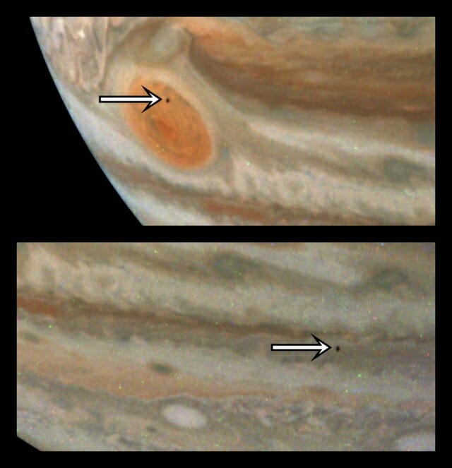 지난 3월 7일 주노가 촬영한 대적점 위를 통과하는 아말테아 위성 (사진= NASA/JPL-칼텍/SwRI/MSSS)