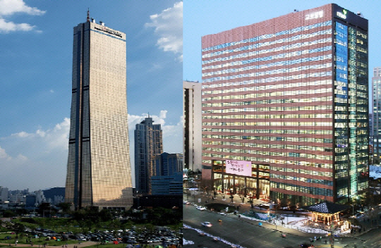한화생명63빌딩(왼쪽), 교보생명 사옥 전경. <각 사 제공>