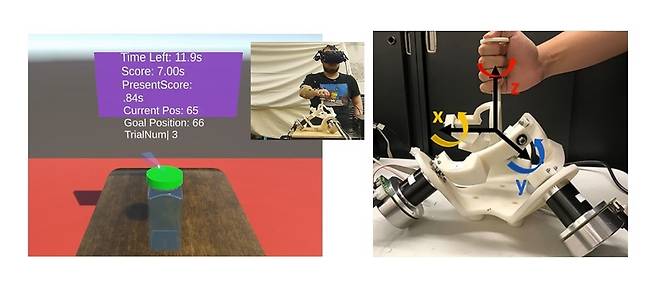 SPINDLE을 활용한 일상생활 활동(ADL) 시뮬레이션. 왼쪽 그림은 가상현실에서 사용자가 경험하는 시각적 정보로 일상생활의 작업(병 뚜껑 돌리기)를 피험자가 수행. 오른쪽 그림은 SPINDLE 병렬로봇으로 각 x-y-z 3차원의 회전이 모두 가능하다. [GIST 제공]