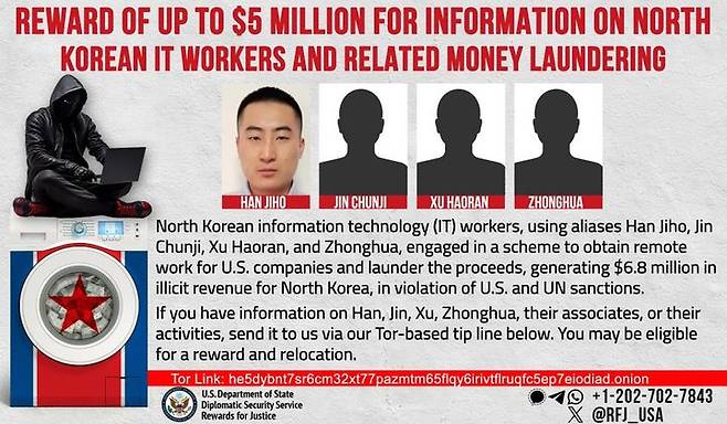 국 국무부 외교안보서비스국(DSS)은 16일(현지시각) '정의를 위한 보상(RFJ)' 프로그램을 통해 북한을 지원하는 특정 활동에 관여하는 이들의 금융 메커니즘을 방해할 수 있는 정보에 500만달러(약 67억원)의 현상금을 건다고 발표했다. /사진= 정의를 위한 보상 X(옛 트위터) 캡처.