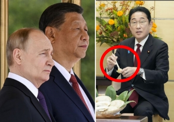 16일 블라디미르 푸틴(왼쪽) 러시아 대통령이 시진핑 중국 국가주석과 함께 중국 베이징에서 열린 공식 환영식에 참석하고 있다. AP 뉴시스(왼쪽) 지난해 중국 수출길이 막힌 가리비 판매를 촉진하고자 기시다 후미오 총리가 직접 나서서 ‘가리비 먹방’을 선보였다.(오른쪽)