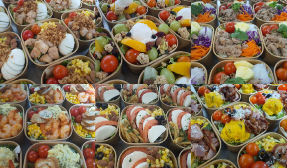 서울 마곡산업단지 코오롱 원앤온리 타워 구내식당에서 제공하는 주요 샐러드 메뉴들. 위 왼쪽부터 시계방향으로 닭가슴살·리코타·분짜·훈제오리·카프리제·훈제오리샐러드.(사진=코오롱)