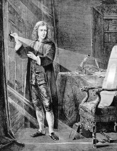 뉴턴이 최초로 프리즘을 이용해 빛의 스펙트럼을 보는모습을 표현한 19세기 삽화. 위키미디어 제공