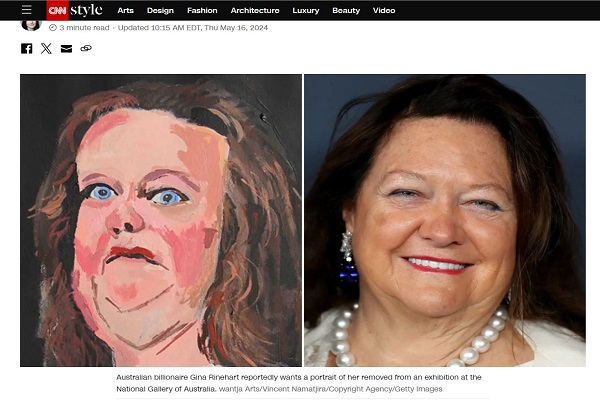 호주 갤러리에 전시된 지나 라인하트의 초상화(왼쪽)와 지나 라인하트 실제 모습. CNN 홈페이지 캡처
