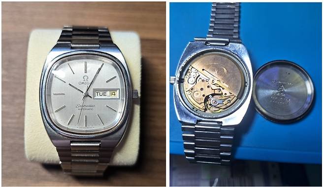 구입 후 점검과 폴리싱을 마친 오메가(Omega) 빈티지 시계와 무브먼트 점검을 위해 시계를 개봉한 모습. 과거 시계는 부품을 황동으로 만들었기 때문에 내부가 오늘날과 달리 누런색에 가깝다.