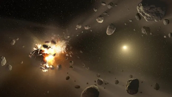 소행성 충돌 그래픽. 이 같은 충돌이 나중에 더 작은 소행성족을 형성했다.(출처: NASA/JPL-Caltech/R. Hurt)