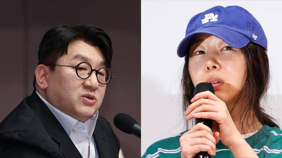 Bang Si-hyuk, chairman of HYBE at left, and Min Hee-jin, CEO of ADOR [YONHAP]