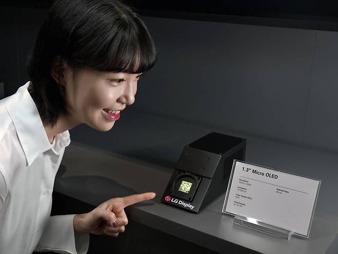 지난 14일(현지시간) 미국 새너제이에서 열린 ‘SID 2024’ 전시회에서 LG디스플레이 모델이 1.3인치 올레도스(OLEDoS) 제품을 소개하는 모습 [LG디스플레이 제공]