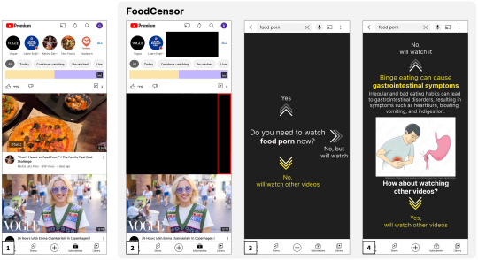 KAIST는 식이장애 환자들을 위해 유해한 디지털 음식 콘텐츠와 먹방 ASMR 등을 차단하는 실시간 개입 시스템을 개발했다.  사진은 개발된 시스템을 스마트폰 유튜브 앱에 적용해 실시간 음식 콘텐츠를 검열 및 개입하는 모습. KAIST 제공
