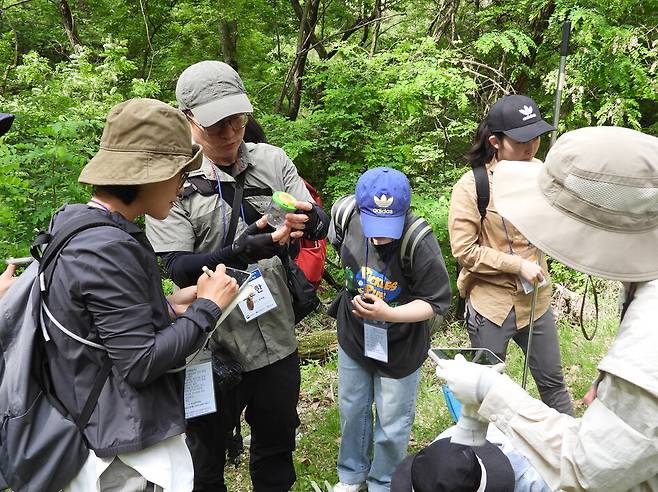 시민들이 국립세종수목원 근처에서 전문가와 함께 식물탐사 활동을 하고 있다. 한국수목원정원관리원 제공