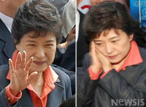 박근혜 전 대통령(당시 한나라당 대표)이 2006년 5월29일 서울 신촌세브란스병원에서 퇴원하며 지지자들에게 인사하는 모습(왼쪽), 2006년 5월20일 피습 직후 병원으로 이동하는 모습(오른쪽)/사진=뉴시스