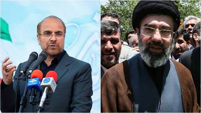 모하마드 바게르 갈리바프 이란 의회(마즐리스) 의장(왼쪽)과 아야톨라 알리 하메네이 이란 최고지도자의 아들 모즈타바 하메네이 /로이터=뉴스1