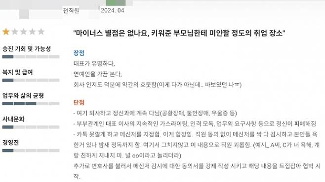 지난달 작성된 보듬컴퍼니 전 직원의 후기 글./사진=잡플래닛 캡처