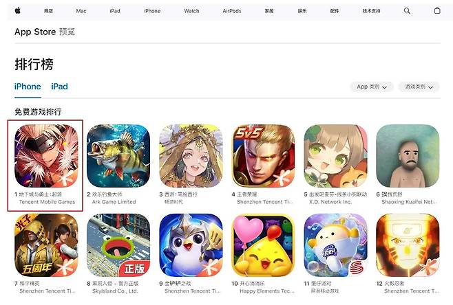 21일 오전 10시 기준(국내 시각) 중국 애플 앱스토어 인기 순위.