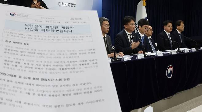 국무조정실 이정원 국무2차장이 지난 19일 종로구 정부서울청사에서 해외직구 금지 철회 관련 추가 브리핑을 하고 있다. 연합뉴스