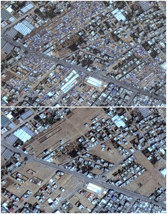지난 4일(위)과 15일 가자지구 최남단 도시 라파에서 피란민 대피소 일부가 철거되기 전과 후의 모습을 보여주는 위성 사진. / 사진=로이터 연합뉴스