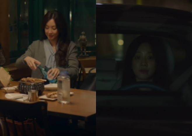 tvN 드라마 '졸업' 속 술자리 장면(왼쪽)과 운전 장면 지난 19일 방송된 tvN 드라마 '졸업' 4회 방송분. 주인공 서혜진(정려원 분)이 동료 학원 강사와 이야기를 나누는 자리에서 술을 따르는 장면(왼쪽)에 이어 운전하는 장면(오른쪽)이 담겼다. [tvN 방송 화면 캡처. 재판매 및 DB 금지]